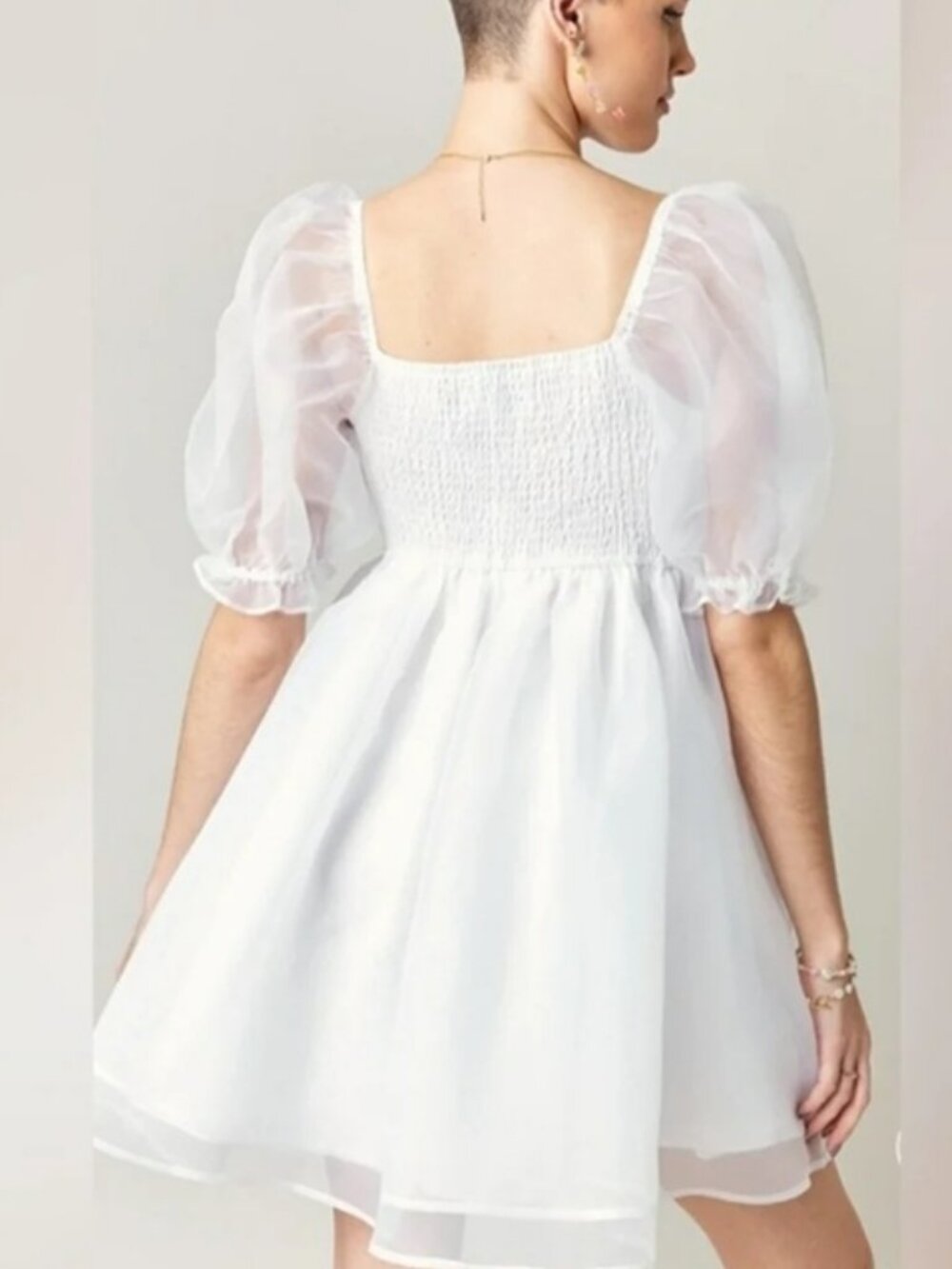 Audrey Parks White Puffy Sleeve Babydoll Mini Dress Sz XL - Picture 3 of 14